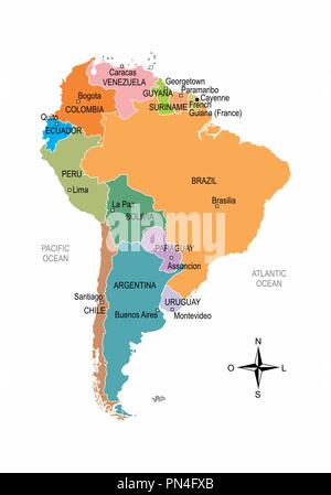 Colorata Mappa di Sud America con la divisione dei paesi e dei loro capitali Illustrazione Vettoriale