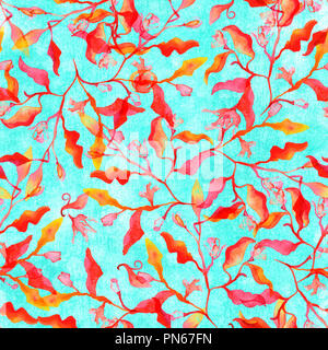 Modello senza cuciture con abstract rami e foglie e schizzi ad acquerello su una vivace sfondo teal Foto Stock