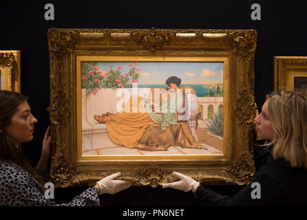 Bonhams, New Bond Street, Londra, Regno Unito. 20 Settembre, 2018. Xix secolo Europeo, Vittoriano e British arte impressionista sul display a Bonhams con dolce far niente " da vittoriano pittore neoclassico Giovanni Godward portando la photocall, stimato a £ 200,000-300,000. Credito: Malcolm Park/Alamy Live News. Foto Stock