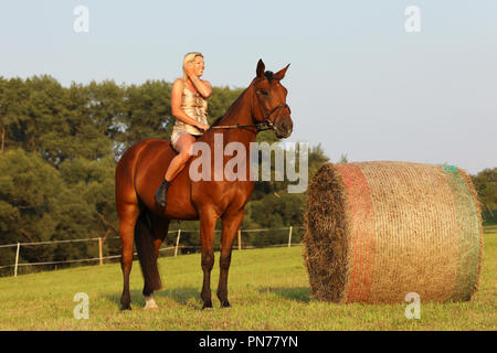 Signora giri a cavallo nei pressi di haybale nel giorno di estate Foto Stock