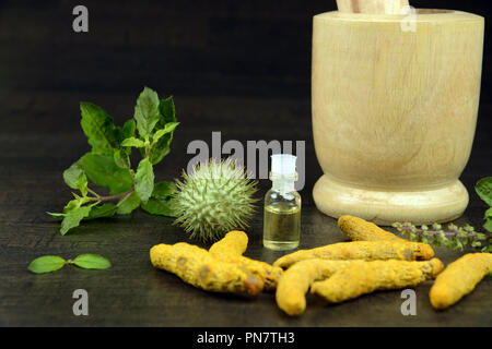 Basilico santo, curcuma, Datura frutta con olio a base di erbe e di mortaio di legno su sfondo scuro, un concetto di Ayurveda Foto Stock