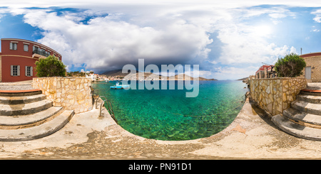 Visualizzazione panoramica a 360 gradi di L'isola di Chalki, Mare mediterraneo, Rodi