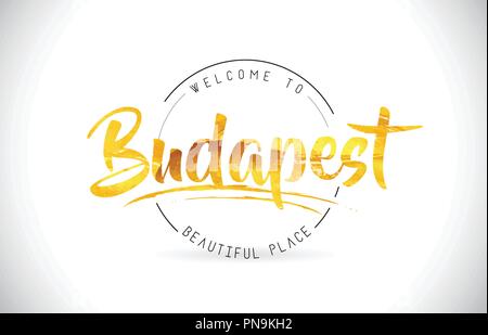 Budapest Benvenuti alla parola del testo con font manoscritta e texture dorata Design Illustrazione Vettore. Illustrazione Vettoriale