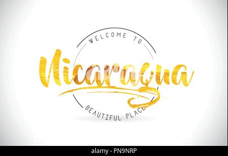 Nicaragua Benvenuto a parola del testo con font manoscritta e texture dorata Design Illustrazione Vettore. Illustrazione Vettoriale