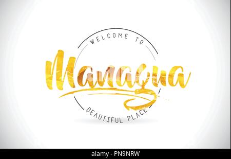 Managua Benvenuti alla parola del testo con font manoscritta e texture dorata Design Illustrazione Vettore. Illustrazione Vettoriale