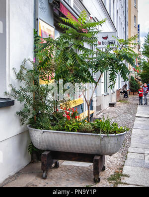 Berlin-Mitte. La Bodega comodità store con piante nella vecchia vasca da bagno su un marciapiede Foto Stock