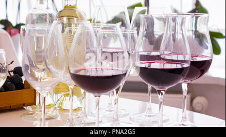 Vino rosso. Il vino. Bottiglia e bicchiere di vino rosso e bianco con uve mature ancora in vita. Foto Stock