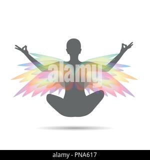 Giovane seduti in meditazione yoga posizione del loto con ali colorate silhouette illustrazione vettoriale EPS10 Illustrazione Vettoriale