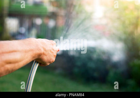 Uomo fiori di irrigazione con un tubo flessibile al di fuori Foto Stock