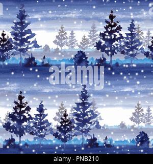 Seamless pattermn con bosco d'inverno. Paesaggio ad acquerello Foto Stock