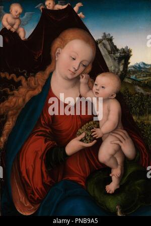 La Vergine e il bambino con un grappolo di uva. Data/Periodo: ca. 1525. La pittura. Olio su legno di faggio. Altezza: 60,5 cm (23,8 in); Larghezza: 42,6 cm (16,7 in). Autore: Cranach il Vecchio, Lucas. Cranach, Lucas, il sambuco. Foto Stock