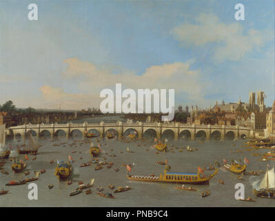 Westminster Bridge, con il Sindaco di processione sul Tamigi. Data/Periodo: 1747. La pittura. Olio su tela. Altezza: 1.108 mm (43.62 in); larghezza: 862 mm (55.98 in). Autore: CANALETTO. Foto Stock