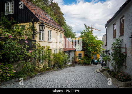 Damstredet quartiere noto per il bizzarro del xviii secolo case in legno, Oslo, Norvegia Foto Stock