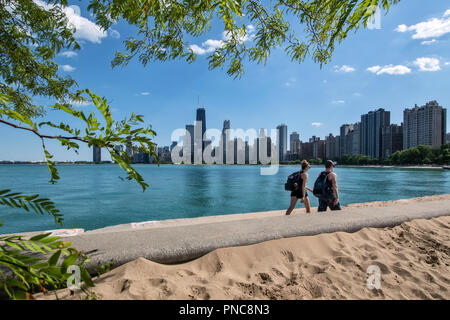 Vista sullo skyline di Chicago dal North Avenue spiaggia sul lago Michigan, Chicago, Illinois. Foto Stock