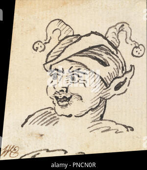 Grottesca testa maschio. Data/Periodo: 1712/1764. Nero e marrone inchiostro sul mezzo, liscia, beige carta vergata. Larghezza: 5,1 cm. Altezza: 4,4 cm. Autore: William Hogarth. Foto Stock