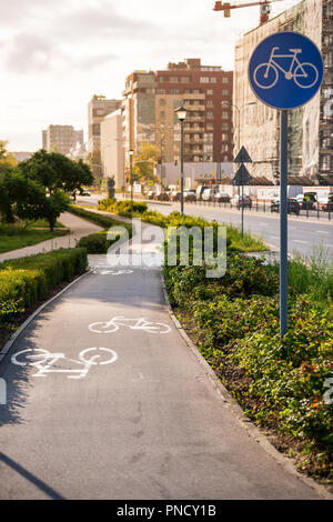 Percorso in bicicletta - segnaletica orizzontale e verticale Foto Stock