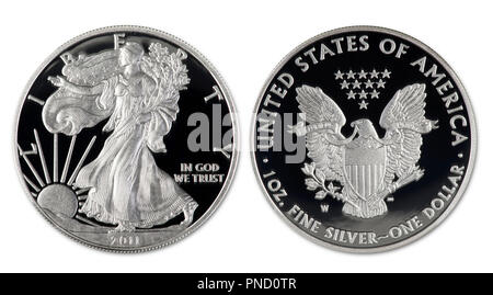 2011 eagle silver dollar prova coin che mostra entrambi i lati. Foto Stock