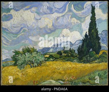 Campo di grano con cipressi. Artista: Vincent van Gogh (Olandese, Zundert 1853-1890 Auvers-sur-Oise). Dimensioni: 28 7/8 × 36 3/4 in. (73,2 × 93,4 cm). Data: 1889. Cipressi ha guadagnato terreno in Van Gogh di lavoro entro la fine di giugno 1889 quando egli ha deciso di dedicare una delle sue prime serie a Saint-Rémy alle torreggianti alberi. Distintivo per il loro ricco impasto, il suo esuberante in loco degli studi includono il Met's close-up vista verticale di cipressi (49.30) e questa maestosa composizione orizzontale, che egli ha illustrato in reed-pen disegni sono stati inviati a suo fratello il 2 luglio. Van Gogh considerato il presente lavoro come uno dei Foto Stock
