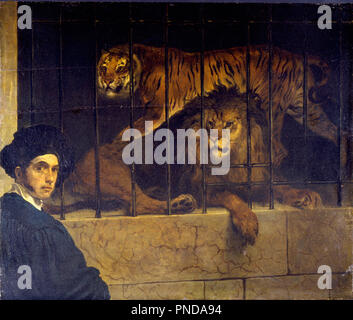Autoritratto con Tiger e Lion. Data/Periodo: ca. 1830 - 1830. Pannello. Altezza: 43 mm (1.69 in); larghezza: 51 mm (2 in). Autore: Francesco Hayez. Foto Stock