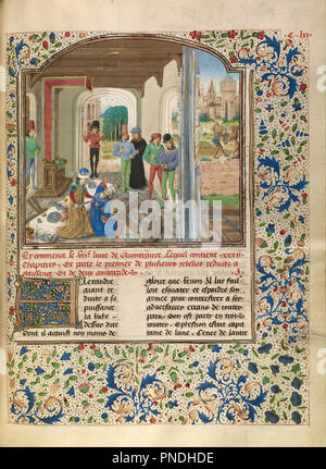 Alexander combatte con un leone e uccide Clitus. Data/Periodo: ca. 1470 - 1475. Folio. Tempere, foglia oro, oro dipingere e inchiostro su pergamena. Altezza: 432 mm (17 in); larghezza: 330 mm (12.99 in). Autore: Master del Jardin de vertueuse consolazione e assistente. Foto Stock