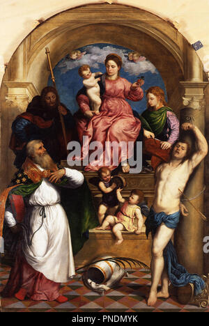 Madonna in trono con Bambino e Santi. Data/Periodo: ca. 1530. La pittura. Olio su legno di pioppo. Altezza: 296 cm (116.5 in); larghezza: 179 cm (70,4 in). Autore: Paris Bordone. Bordone, Parigi. Foto Stock