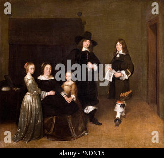 Ritratto di una famiglia. Data/Periodo: 1656. La pittura. Olio su tela. Altezza: 780 mm (30.70 in); larghezza: 865 mm (34.05 in). Autore: Gerhard ter Borch. Ter Borch Gerard, il giovane. Foto Stock