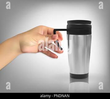Uomo di mano naturalistico detiene il modello tridimensionale realistico dei thermos cup. Illustrazione Vettoriale Illustrazione Vettoriale