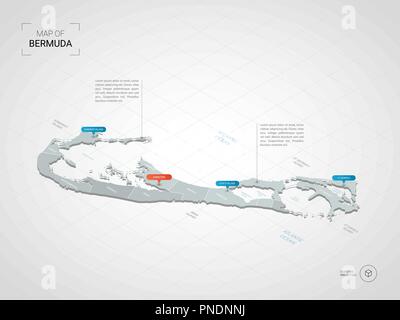 Isometrica, 3D Bermuda mappa. Stilizzata mappa vettoriale illustrazione con città, frontiere, capitale, divisioni amministrative e i contrassegni del puntatore; backgr gradiente Illustrazione Vettoriale