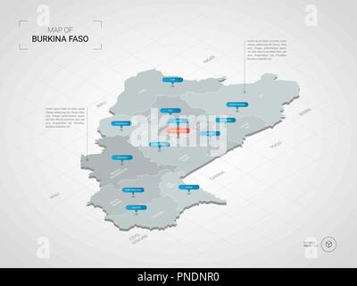 Isometrica, 3D Burkina Faso mappa. Stilizzata mappa vettoriale illustrazione con città, frontiere, capitale, divisioni amministrative e i contrassegni del puntatore; gradiente b Illustrazione Vettoriale