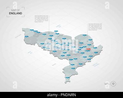 Isometrica, 3d Inghilterra mappa. Stilizzata mappa vettoriale illustrazione con città, frontiere, capitale, divisioni amministrative e i contrassegni del puntatore; backgr gradiente Illustrazione Vettoriale
