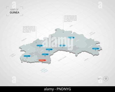 Isometrica, 3D Guinea mappa. Stilizzata mappa vettoriale illustrazione con città, frontiere, capitale, divisioni amministrative e i contrassegni del puntatore; gradiente backgro Illustrazione Vettoriale