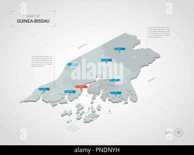 Isometrica, 3D Guinea-Bissau mappa. Stilizzata mappa vettoriale illustrazione con città, frontiere, capitale, divisioni amministrative e i contrassegni del puntatore; gradiente Illustrazione Vettoriale