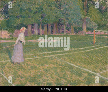 Campo da tennis a Hertingfordbury. Data/Periodo: 1910. La pittura. Olio su tela. Altezza: 405 mm (15,94 in); larghezza: 508 mm (20 in). Autore: Spencer Gore. Foto Stock