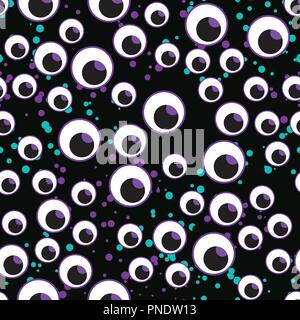 Illustrazione Vettoriale molti occhi seamless pattern. Happy Halloween design per bambini su uno sfondo scuro. Illustrazione Vettoriale