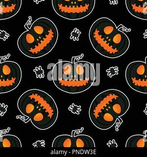 Dark Jack zucca lanterna happy Halloween jackolantern pattern seamless.illustrazione vettoriale isolati su sfondo nero. Illustrazione Vettoriale