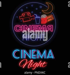 Cinema notte incandescente insegna al neon su sfondo nero, illustrazione vettoriale Illustrazione Vettoriale