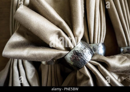 Golden igienico prua con anello in argento fancy piegatura per legno vacanze sfondo tabella Foto Stock