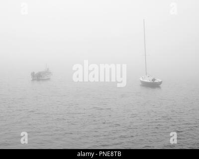 Immagine in bianco e nero di barche nel fiume Douro in una nebbiosa mattina ( vista artistica ) Foto Stock