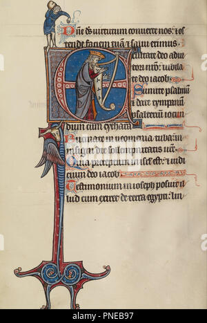 E iniziale: Davide che suona l'arpa e un uomo ansante una roccia. Data/Periodo: ca. 1270 - 1280. Folio. Tempere, oro, e ferro gall inchiostro su pergamena. Altezza: 170 mm (6.69 in); larghezza: 119 mm (4.68 in). Autore: Bute Master. Foto Stock