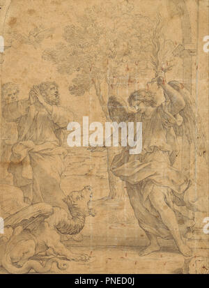 Arcangelo Uriel e il drago. Data/Periodo: 1637. Disegno. Gesso nero e sanguigna su carta marrone, alcuni dei contorni frastagliata con lo stilo. Altezza: 272 mm (10,70 in); larghezza: 209 mm (8.22 in). Autore: Giovanni Francesco Romanelli. Foto Stock