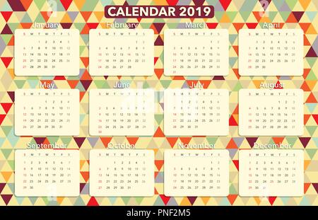 Il calendario 2019. Retrò colorato calendario 2019. Settimana comincia la domenica. Illustrazione Vettoriale