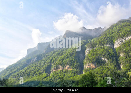 L'ingresso, durante una Foggy Dawn, di Ordesa Valley Park (Parque Nacional de Ordesa y Monte Perdido), un rurale preservare con montagne, Spagna Foto Stock