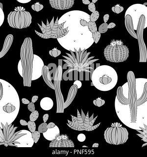 Modello senza cuciture con cactus. Selvaggia foresta di cactus con doodle cerchi. Elegante grigio, nero e bianco tavolozza. Illustrazione Vettoriale Illustrazione Vettoriale