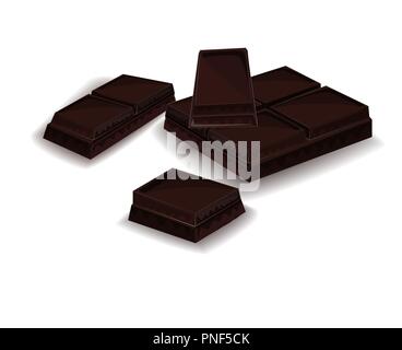 Realistico illustrazione vettoriale, set di rotture di barrette di cioccolato su sfondo bianco Illustrazione Vettoriale