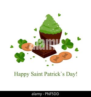 Elegante perfetta per il giorno di San Patrizio sfondo con foglie di trifoglio barrette di cioccolato, verde tortine e monete. Illustrazione Vettoriale, biglietto di auguri Illustrazione Vettoriale