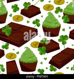 Elegante perfetta per il giorno di San Patrizio sfondo con foglie di trifoglio barrette di cioccolato, verde tortine e monete. Illustrazione Vettoriale Illustrazione Vettoriale