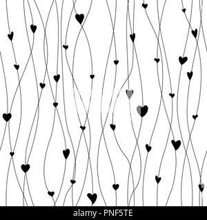 Vector seamless pattern con cuore pendenti ghirlande. I thread e i cuori. Carino carta di avvolgimento dello sfondo. In bianco e nero Illustrazione Vettoriale