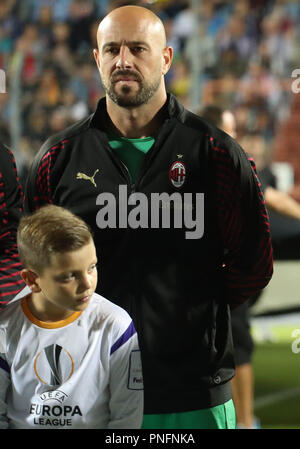 Dudelange, Lussemburgo. Xx Settembre 2018. Pepe Reina (AC Milan)durante la UEFA Europa League, Gruppo F partita di calcio tra F91 Dudelange e AC Milano il 20 settembre 2018 al Sima Barthel stadium di Dudelange, Lussemburgo - Photo Laurent Lairys / DPPI Credito: Laurent Lairys/Agence Locevaphotos/Alamy Live News Foto Stock