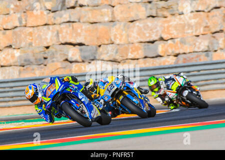 Alcaniz, Spagna. Xxi Sep 2018. ALEX RINS (42) della Spagna e del Team SUZUKI ECSTAR , Thomas Luthi (12) della Svizzera e EG 0,0 Marc VDS e Cal Crutchlow (35) del Regno Unito e LCR Honda durante il moto GP Libere 1 dell'Aragona Grand Prix al Motorland pista di Alcaniz in Spagna su Settembre 21, 2018 (Foto: Alvaro Sanchez) Credito: CORDON PREMERE/Alamy Live News Foto Stock