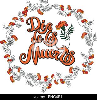 Rosso e arancio calendula corona e dia de Muertos del disegno a mano scritte Illustrazione Vettoriale